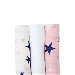 Set 3 scutece, muselina, roz si alb cu stelute bluemarin, 75 x 70 cm, Prichindel