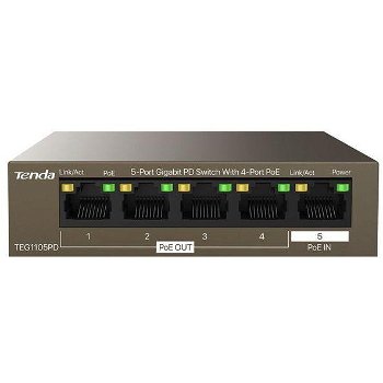 Tenda 5-Port Gigabit PD switch, 4 port POE TEG1105PD, Network standard: IEEE 802.3, IEEE 802.3u, IEEE 802.3x, IEEE 802.3ab, IEEE 802.3af, IEEE 802.3at, Interface: 4*10/100/1000 Base-T Ethernet Ports(Data/PoE OUT), 1 *10/100/1000 Base-T Ethernet Port(Data, TENDA