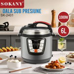 Oala sub presiune electrica, Sokany SK-2401, 1000W, 6L, functionalitate de multicooker, pastrare la cald, Inox, Sokany