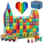 Set de constructie cu placi magnetice, Novotoys, 120 piese, 7,5cm, 2 Figurine, 2 Masinute, Cutie depozitare, STEM, Compatibile Magna-Tiles si Magplayer