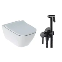 Pachet vas wc suspendat Geberit Smyle, capac softclose si set dus igiena intima negru cu baterie incastrata Rea Loop