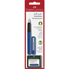 Set Stilou Scolar Faber-Castell Albastru cu 6 Cartuse Cerneala, Penita Rezistenta din Otel, Grip Ergonomic, Dreptaci si Stangaci