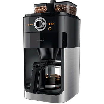 Cafetiera Philips Grind & Brew HD7769/00, 1000 W, vas de sticla, Rasnita de cafea integrata, Aroma Seal, Sistem de selectare a concentratiei pentru a ajusta taria cafelei, pastrare la cald de la 10 minute la 2 ore, cronometru, Negru/Metalic