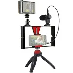 Set filmare video pentru Telefon, Trepied, Lampa Led , Microfon , Rosu / Negru, OEM