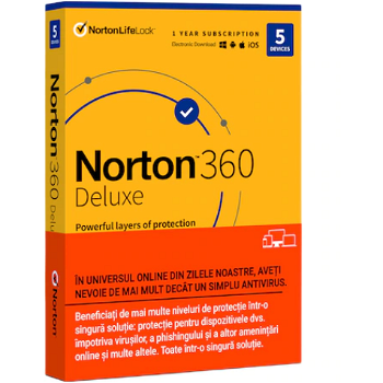 Antivirus Norton 360 Deluxe Backup 50GB 1 Utilizator 5 Dispozitive 1 An Retail Box