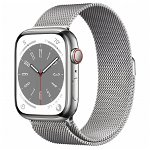 Smartwatch Apple Watch S8 Cellular, ecran LTPO OLED, Bluetooth, Wi-Fi, GPS, Bratara otel 45mm, Carcasa otel, Rezistent la apa 5ATM (Argintiu) , Apple