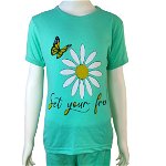 Pijama copii verde cu imprimeu floare tricou si pantaloni scurti PJCCF016, 