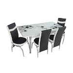Set masa extensibila cu 4 scaune, MDF, blat sticla securizata, negru + alb
