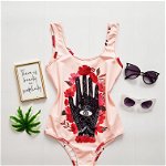 Body dama roz pentru plaja cu imprimeu floral si palma, 