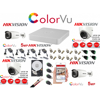 Kit supraveghere profesional mixt Hikvision Color Vu 4 camere 5MP IR40m si IR20m , full accesorii si HDD 1TB, Hikvision