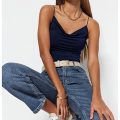 Trendyol, Top slim fit cu decolteu plisat, Negru, L