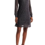 Imbracaminte Femei Nina Leonard Smock Neck Float Foiled Print Trapeze Cocktail Dress Black Silver