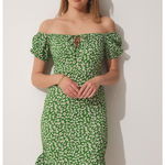 Happiness İstanbul, Rochie cu decolteu pe umeri si model floral, Alb/Verde/Maro, M