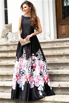 Rochie de ocazie lunga neagra din tafta cu imprimeu floral