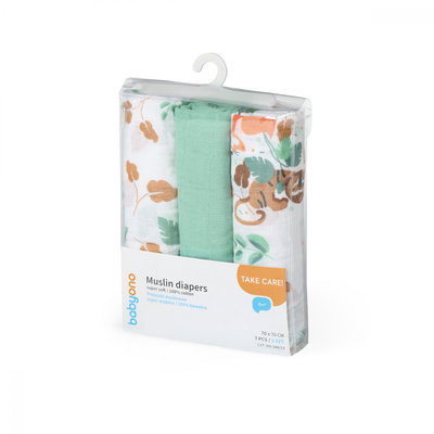 Set 3 scutece, BabyOno, Din muselina, Multifunctionale, Dimensiune 70x70 cm, 0 luni+, Bumbac, Verde/Multicolor