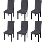 Set de 6 huse elastice drepte pentru scaun, vidaXL, Tesatura, Gri inchis