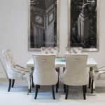 Set masa din metal si sticla "Louis" White + 6 scaune tapitate cu stofa, cu picioare de lemn "Eden" Grey, L160xl90xH75 cm
