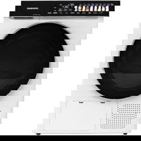 Daewoo Uscator de rufe Daewoo DDR-HS9E, 9 kg, Pompa de caldura, Clasa E, Butoane touch, Panou de control negru cu pictograme mari colorate, usa dubla neagra cu inel cromat, Alb, Daewoo