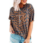 Tricou cu imprimeu leopard ?i text pentru femei, cu decolteu rotund, Neer