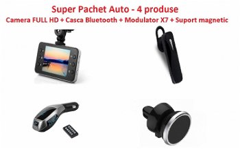 Super Pachet Auto cu 4 produse, camera auto full HD, casca bluetooth, Modulator auto X7, suport magnetic