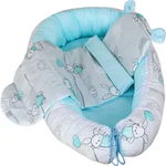 Set Baby Nest cu Pernita si Salteluta, fata dubla Turquoise Rabbits - Turcuaz/Gri, Pufinas