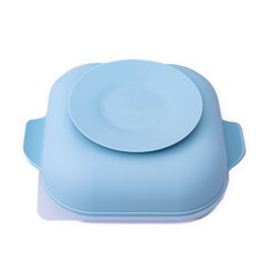 Set diversificare pentru copii farfurie compartimentata cu ventuza capac si lingurita din silicon Oaki bleu, Oaki