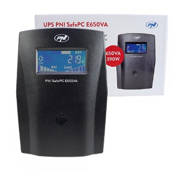 UPS PNI SafePC E650VA, putere 390W, 1.8A, iesire 2 x 230V, ecran LCD acumulator 7.2A inclus, Capacitate: 12V/7Ah, Timp backup: 8 minute (utilizare la jumatate din capacitate), durata reincarcare: 8h, Dimensiuni: 295 x 135 x 90 mm / 4.6 kg., PNI