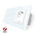 Intrerupator dublu ZigBee si Priza simpla ZigBee Livolo, rama din sticla, Control de pe telefon, Alb, VL-C702Z/C7-C1EUZ-11