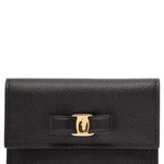 Ferragamo 'Vara' Black Card-Holder with Engraved Logo and Vara Bow in Hammered Leather Woman BLACK, Ferragamo