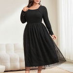 Rochie maxi cu plasa, maneca lunga si decolteu, negru, dama, Shein, Shein Curve