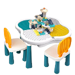 Masa interactiva tip lego pentru copii, cu 2 scaune + cuburi de asamblare, masuta activitati, Karemi