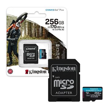 Card memorie microSD 256GB pentru supraveghere video, Kingston CANVAS GO Plus, U3, V30, 170 Mbps, cu adaptor, SDCG3/256GB, Kingston