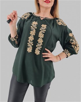 Bluza verde brodata cu flori aurii Claudia, Magazin Traditional