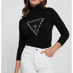 GUESS, Pulover cu guler inalt si logo, Negru, XS