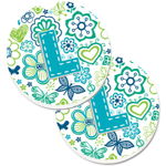 Caroline`s Treasures Scrisoarea L Flori și Fluturi Teal Albastru Set de 2 Cupa Titular Car Coasters Large, 