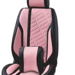 Set huse scaune auto universale, piele ecologica negru cu roz, Deluxe Design fata-spate, OEM