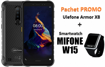 Pachet telefon mobil Ulefone Armor X8 4G 4 64 Negru + Smartwatch Mifone W15 Negru