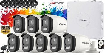 Kit complet supraveghere video Hikvision 8 camere ColorVU 2MP FullHD - filmeaza color pe timp de noapte, HDD 1 TB, HIKVISIONKIT