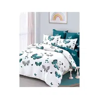 Set Lenjerie Finet Satinat, 6 Piese, Pat 2 Persoane, Fluturi Verzi Gri