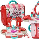 Set de frumuseste cu accesorii, masa de toaleta pentru fetite intr-o servieta rosie, leantoys, 7374, LeanToys