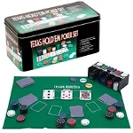 Poker cu 200 chips poker in cutie metalica, buton dealer, jetoane 4 culori de 1, 5 10 si 25, carti joc, OEM