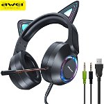 Casti gaming AWEI GM9, Over-Ear, 50mm, Microfon, Urechi pisica iluminate RGB, Cablu 2.1m, AWEI