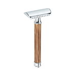 Aparat de ras Classic Safety Razor Techstar® SR12, Aliaj de Zinc, Cu Lame De Rezerva, Reutilizabil, Ecologic, Maner Bambus, Argintiu, Techstar