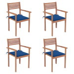 Set scaune gradina cu perne albastru regal vidaXL, 4 buc., lemn masiv tec, 56 x 51 x 90 cm, 25.64 kg