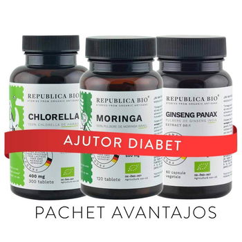 Ajutor DIABET, pachet promotional (Chlorella + Moringa + Ginseng), BIO, RAW, VEGAN, Republica BIO