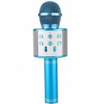 Microfon karaoke cu boxa, fara fir, cititor SD Card, USB, AUX, BT, doua moduri audio Albastru