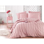 Lenjerie de pat din bumbac satinat pentru pat dublu cu cearșaf Hobby Wafel, 200 x 220 cm, roz, Mijolnir