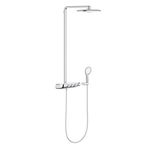 Sistem de dus cu termostat Grohe Rainshower Smartcontrol 360 Duo, aparent, dus fix 500 mm, suport perete, furtun 1750 mm, CoolTouch, SafeStop, butoane push-turn, anti-calcar, furtun anti-rasucire, crom/alb