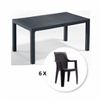 Set gradina cu masa CLASSI 90x150 cm + 6 scaune ELEGANCE 62x57x88 cm, model ratan, antracit, Expomob