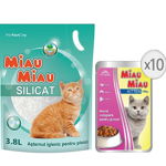 Pachet Asternut silicatic 3.8L + Plic Kitten 100g x 10 buc, Miau Miau, Miau Miau